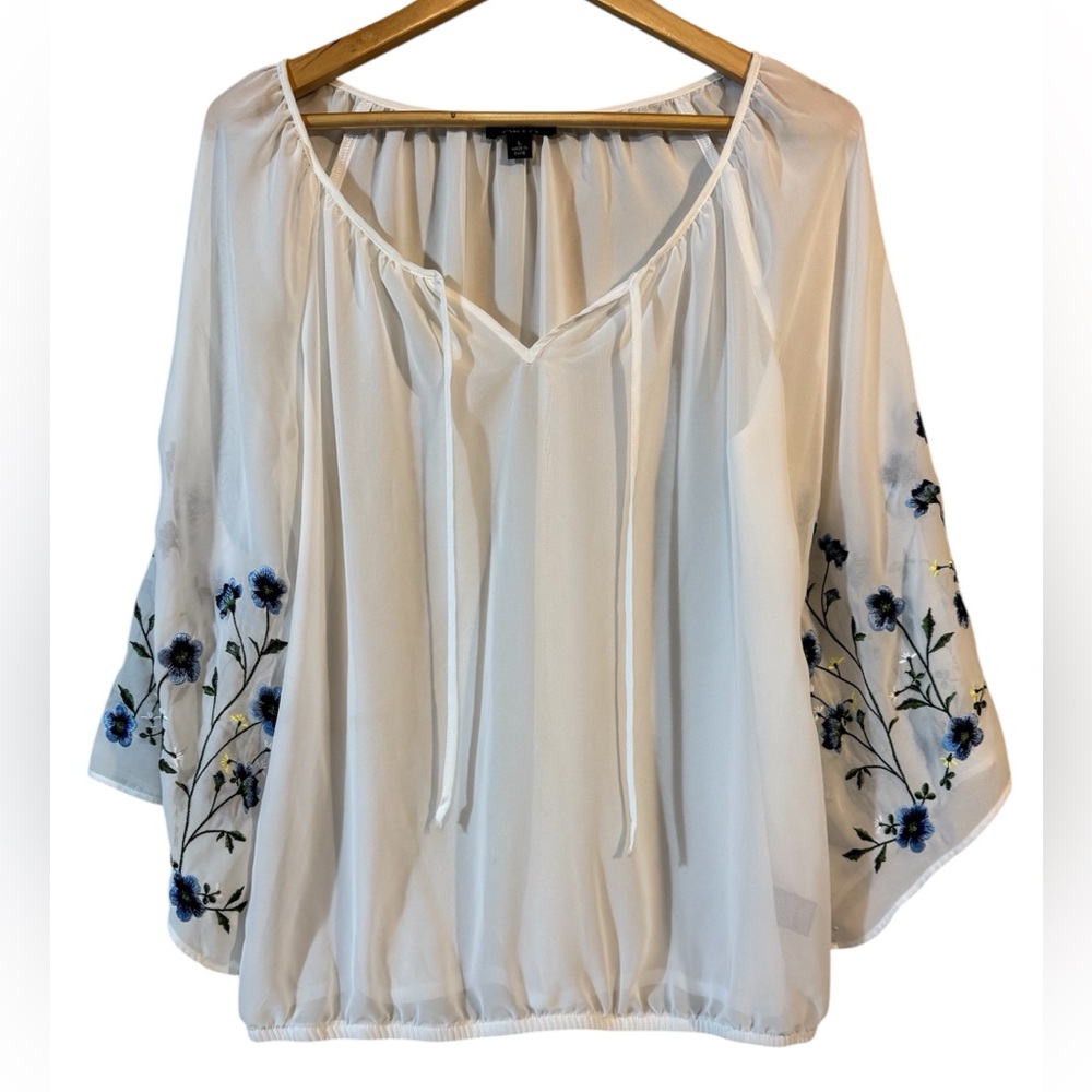 ALYX Women’s L White Floral Embroidered Bell Slv Sheer Blouse Tunic Top